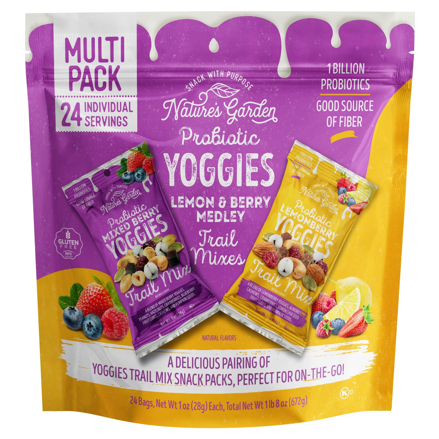 Nature's Garden Probiotic Yoggies Lemonberry bag showing real fruit and yogurt coating for a tasty snack.