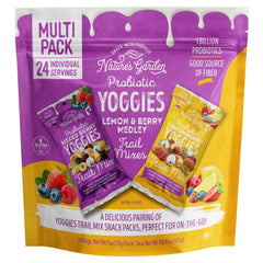 Nature's Garden Probiotic Yoggies Lemonberry bag showing real fruit and yogurt coating for a tasty snack.