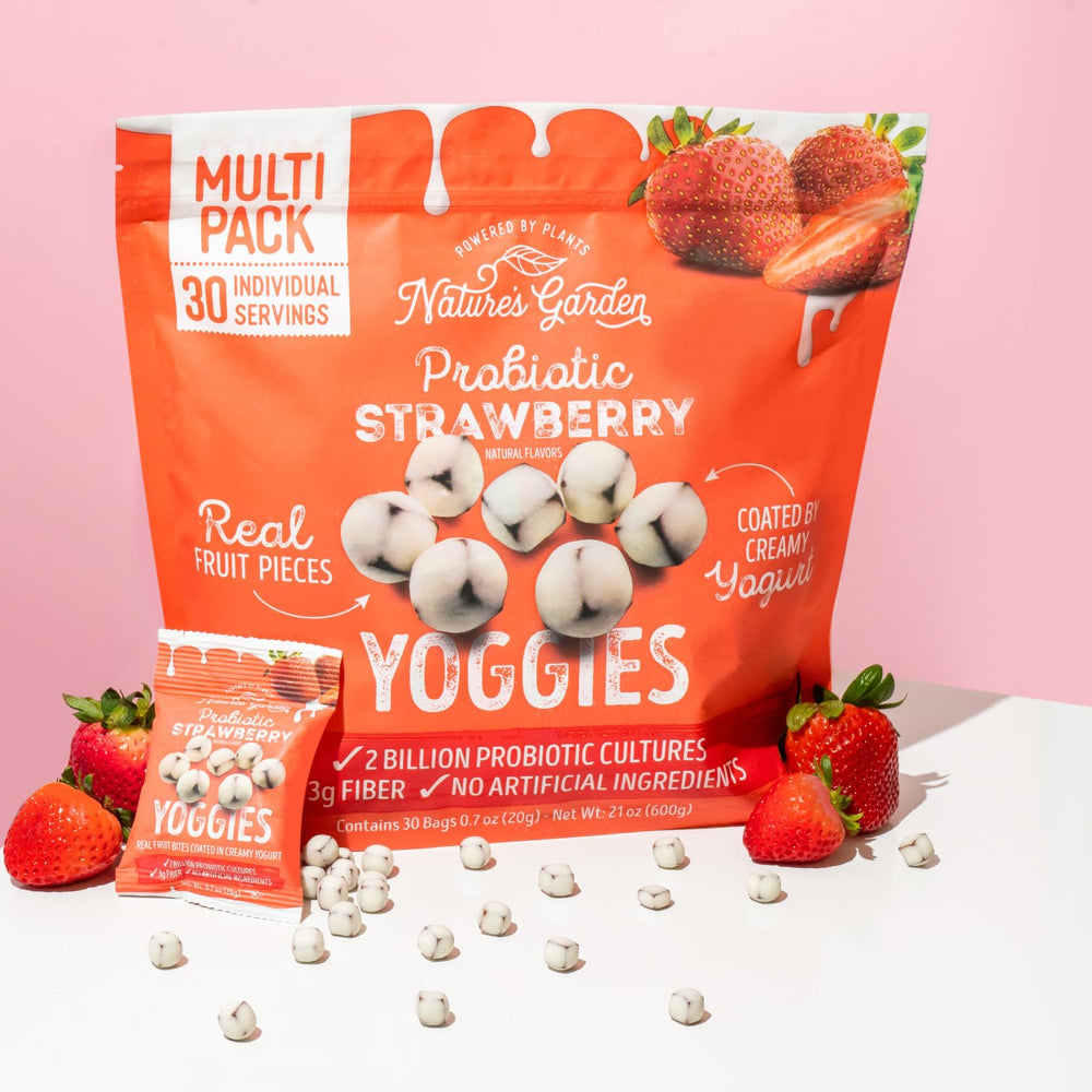 Nature's Garden Probiotic Strawberry Yoggies two bags in a pack for travel snacking