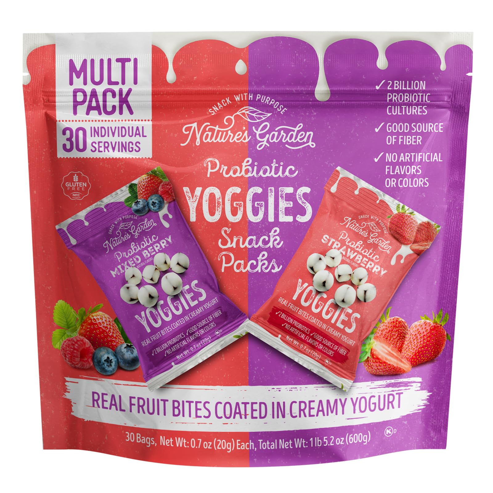 Nature's Garden Yoggies ingredient scan shows real berries and yogurt coating.