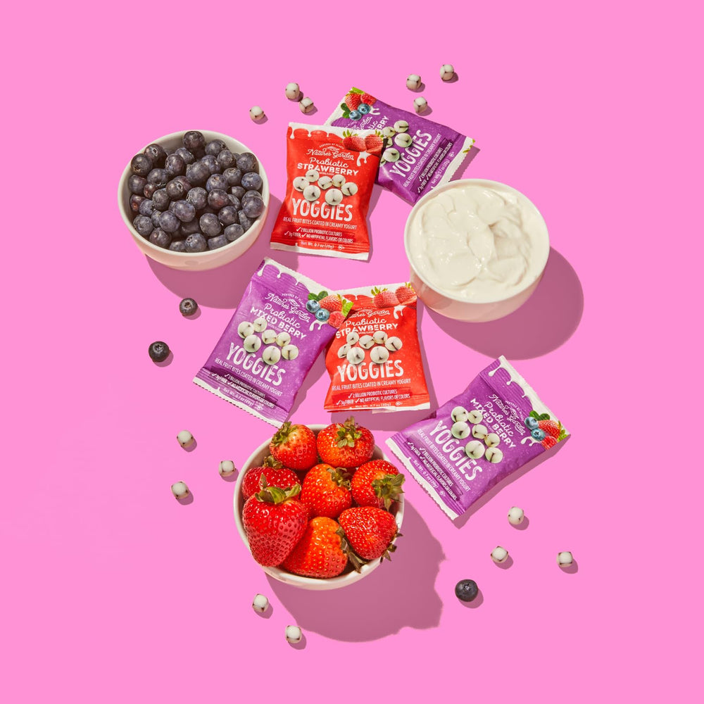 Nature's Garden Yoggies yogurt-coated bites in a vibrant pouch.