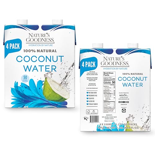 Nature's Goodness coconut water in glass, refreshing flavor with natural electrolytes