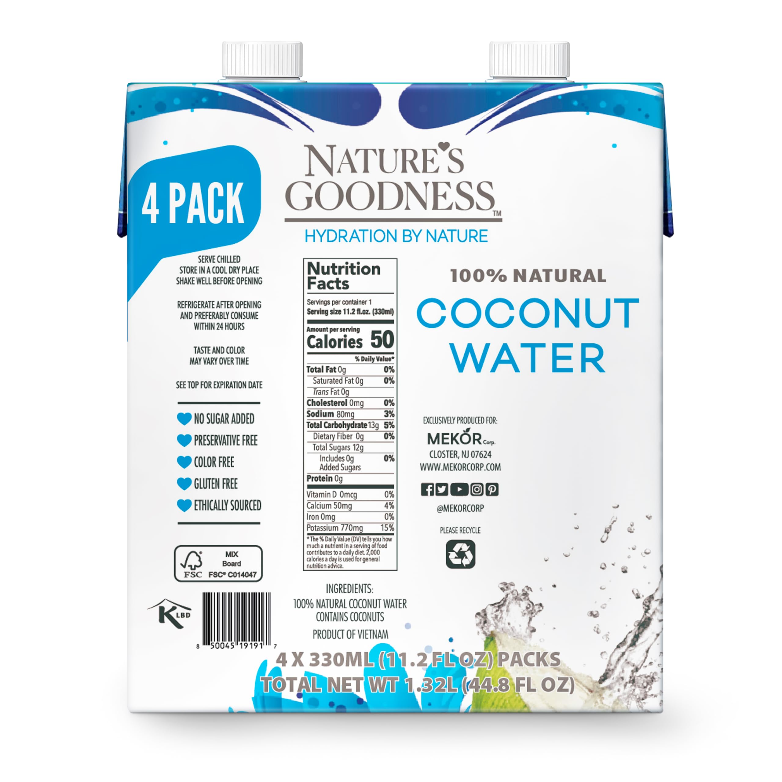 Nature's Goodness unsweetened coconut water pour, perfect for preworkout or postworkout rehydration