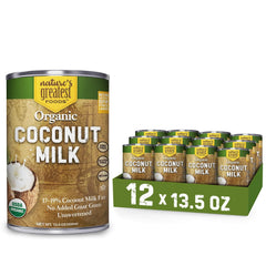 Nature's Greatest Foods coconut milk bottle front, unsweetened and versatile for smoothies