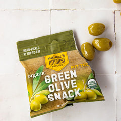 Nature's Greatest Foods green olive snack in glass jar, convenient portions.