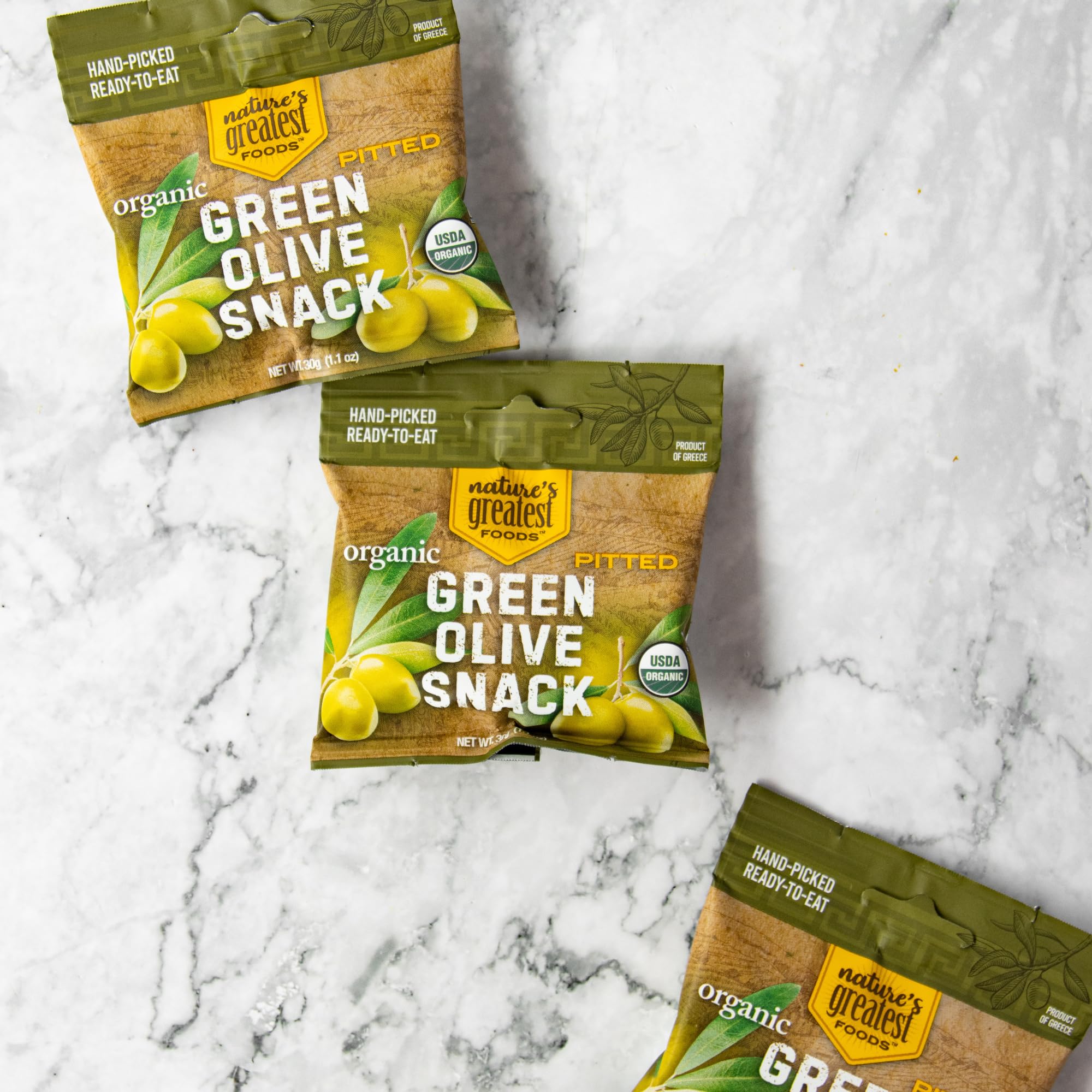 Nature's Greatest Foods green olive snack kitchen-ready, perfect for quick bites.
