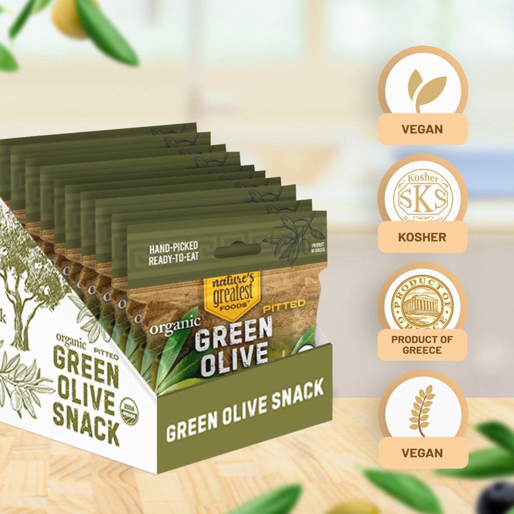 Nature's Greatest Foods green olive snack pack detail, organic and kosher.