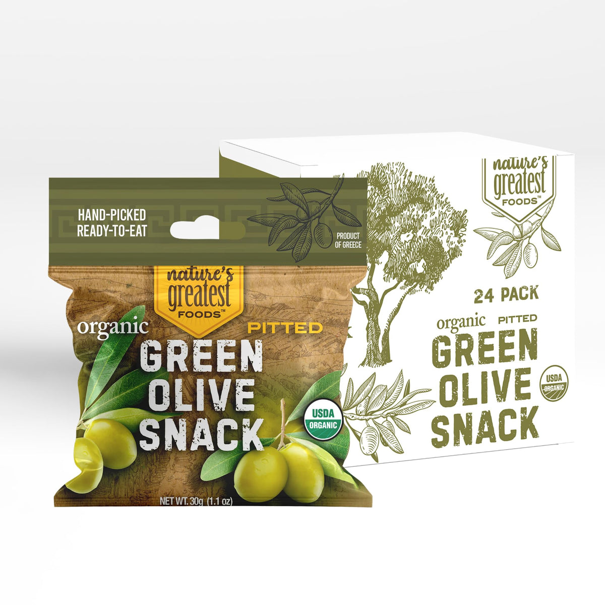 Nature's Greatest Foods green olive snack front view, ready to eat and gluten-free.