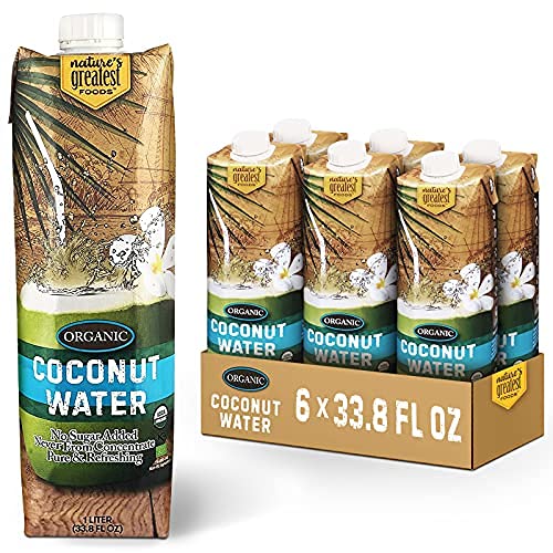 Nature's Greatest Foods Organic Coconut Water bottle showing pure hydration from hand-picked coconuts