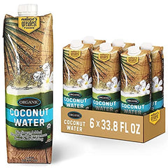 Nature's Greatest Foods Organic Coconut Water bottle showing pure hydration from hand-picked coconuts