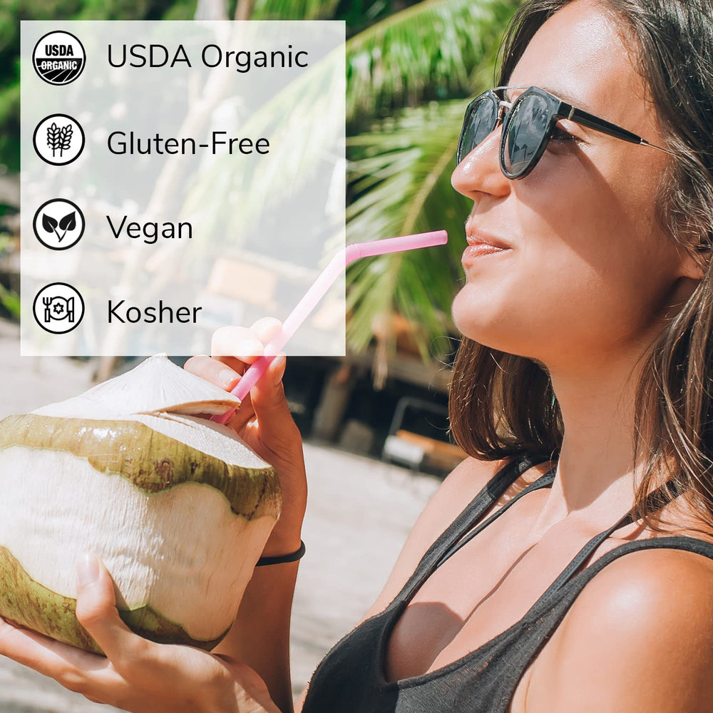 Front label of Nature's Greatest Foods Organic Coconut Water highlighting organic certification