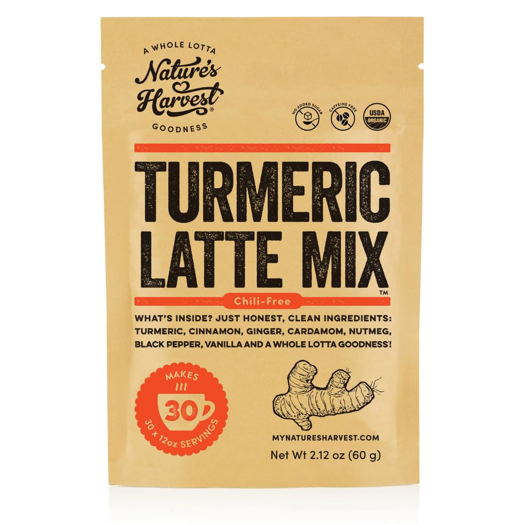 Nature's Harvest turmeric latte mix bottle packaging highlights premium organic ingredients for versatile drinks