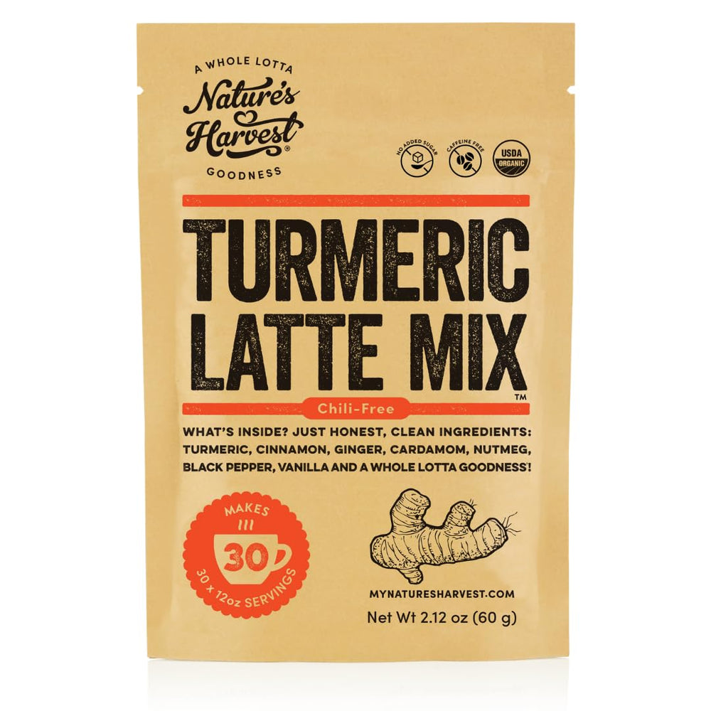 Nature's Harvest turmeric latte mix bottle packaging highlights premium organic ingredients for versatile drinks