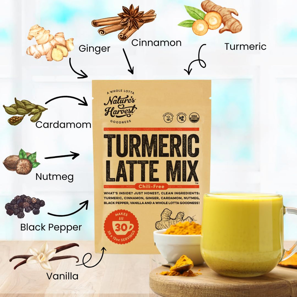Nature's Harvest mug of hot golden milk made with turmeric latte mix