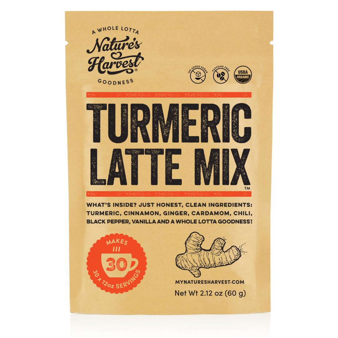 Nature's Harvest Turmeric Latte Mix package, caffeine-free Golden Milk option ready to brew.