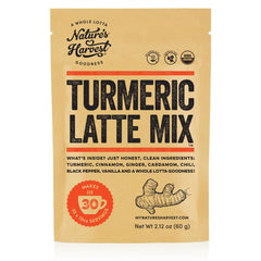 Nature's Harvest Turmeric Latte Mix package, caffeine-free Golden Milk option ready to brew.