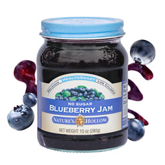 Nature's Hollow Blueberry Jam bottle highlights sugar-free flavor for keto snacking.