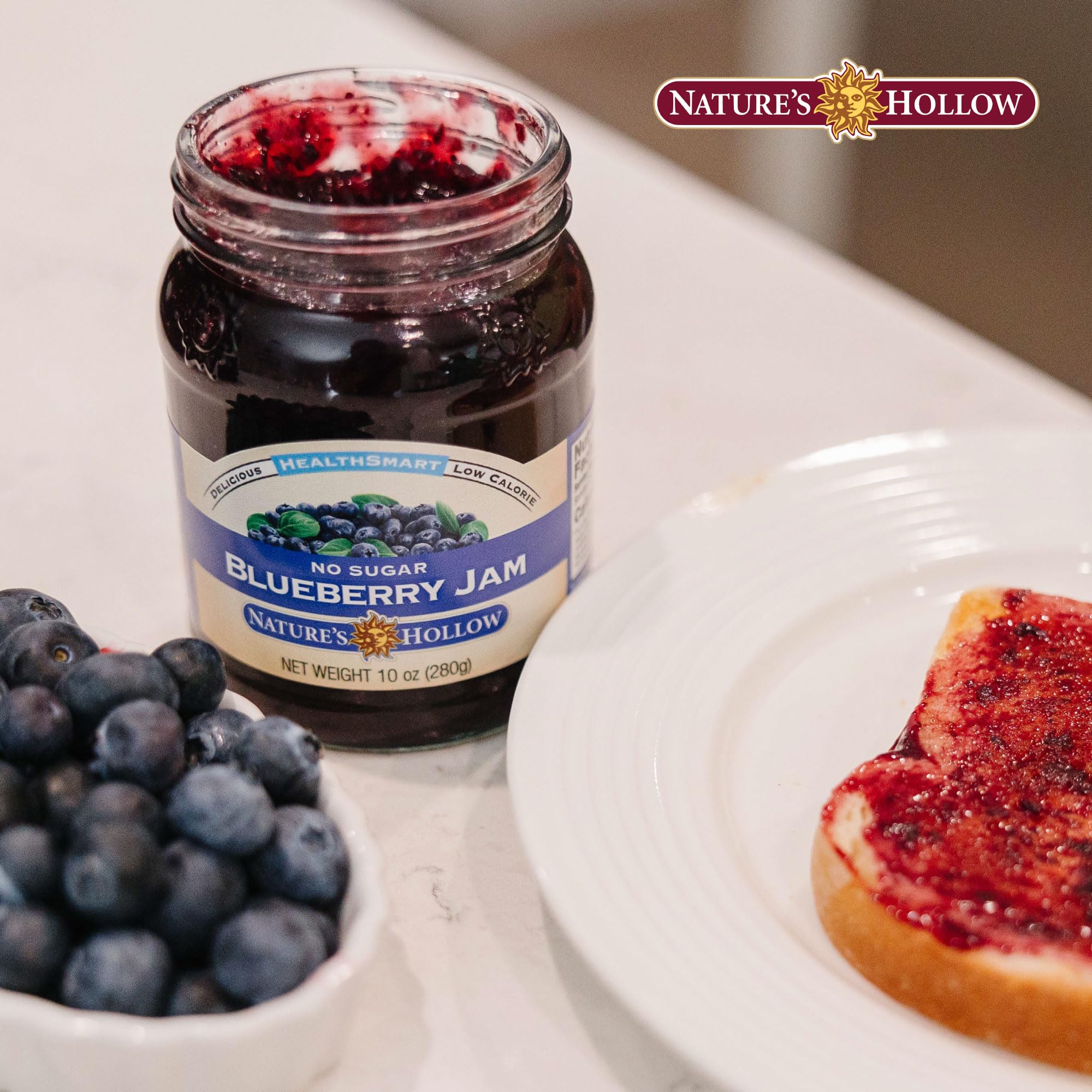 Nature's Hollow Blueberry Jam in a glass jar ready for family breakfast.
