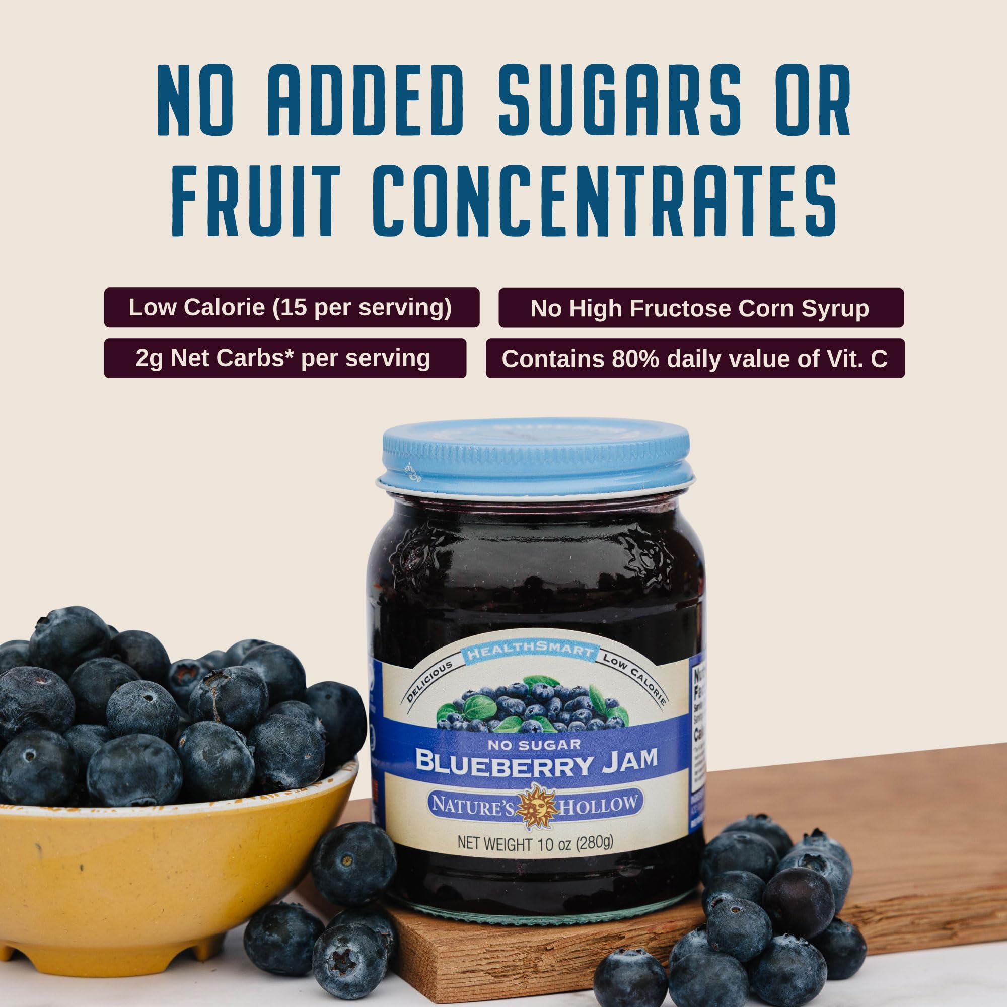 Nature's Hollow Blueberry Jam jar on shelf emphasizes sugar-free recipe and vegan appeal.