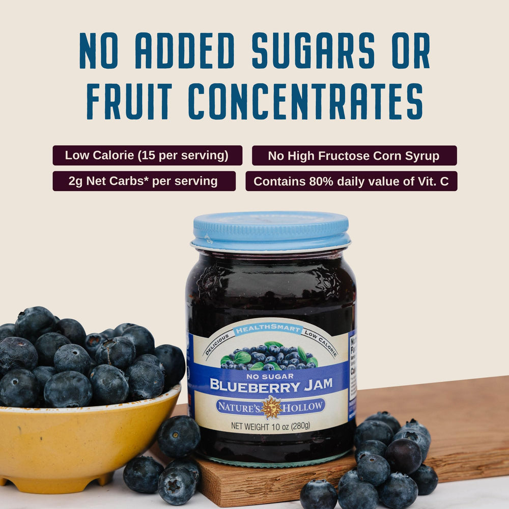 Nature's Hollow Blueberry Jam jar on shelf emphasizes sugar-free recipe and vegan appeal.