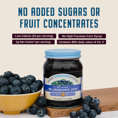 Nature's Hollow Blueberry Jam jar on shelf emphasizes sugar-free recipe and vegan appeal.