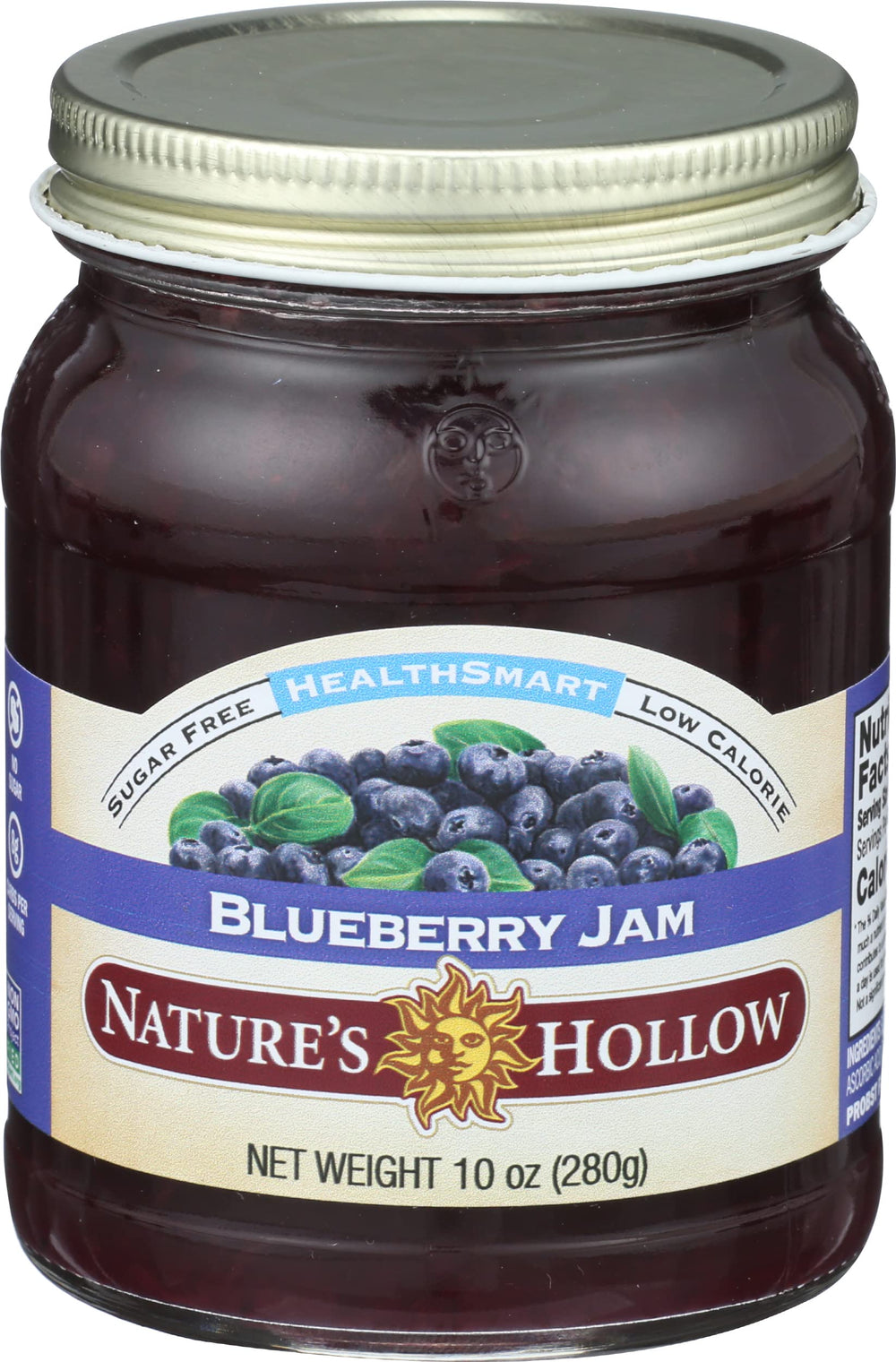 Close-up of Nature's Hollow Blueberry Jam label shows gluten-free and keto-friendly attributes.