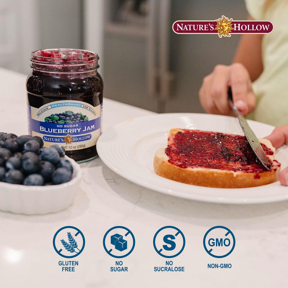 Nature's Hollow Blueberry Jam on pancakes as a tasty topping option.