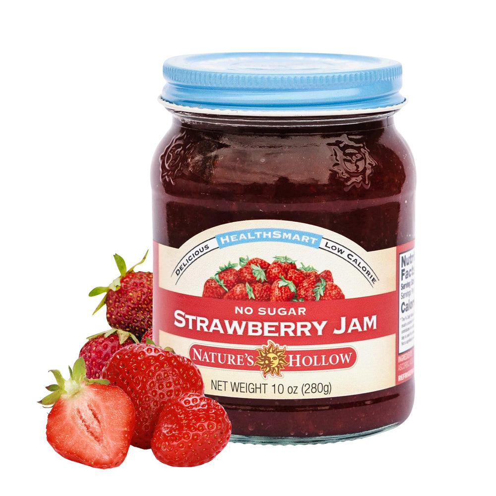 Nature's Hollow strawberry jam bottle pour showcases sugar-free, keto-friendly sweetness.