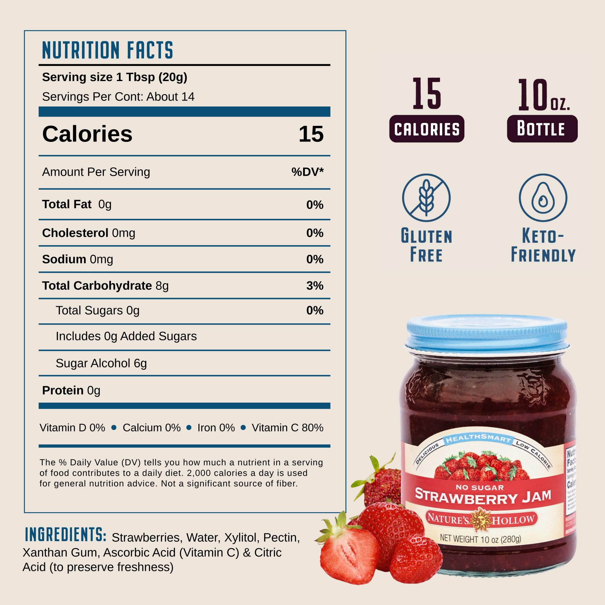 Nature's Hollow strawberry jam jar close-up highlights rich texture and zero sugar.