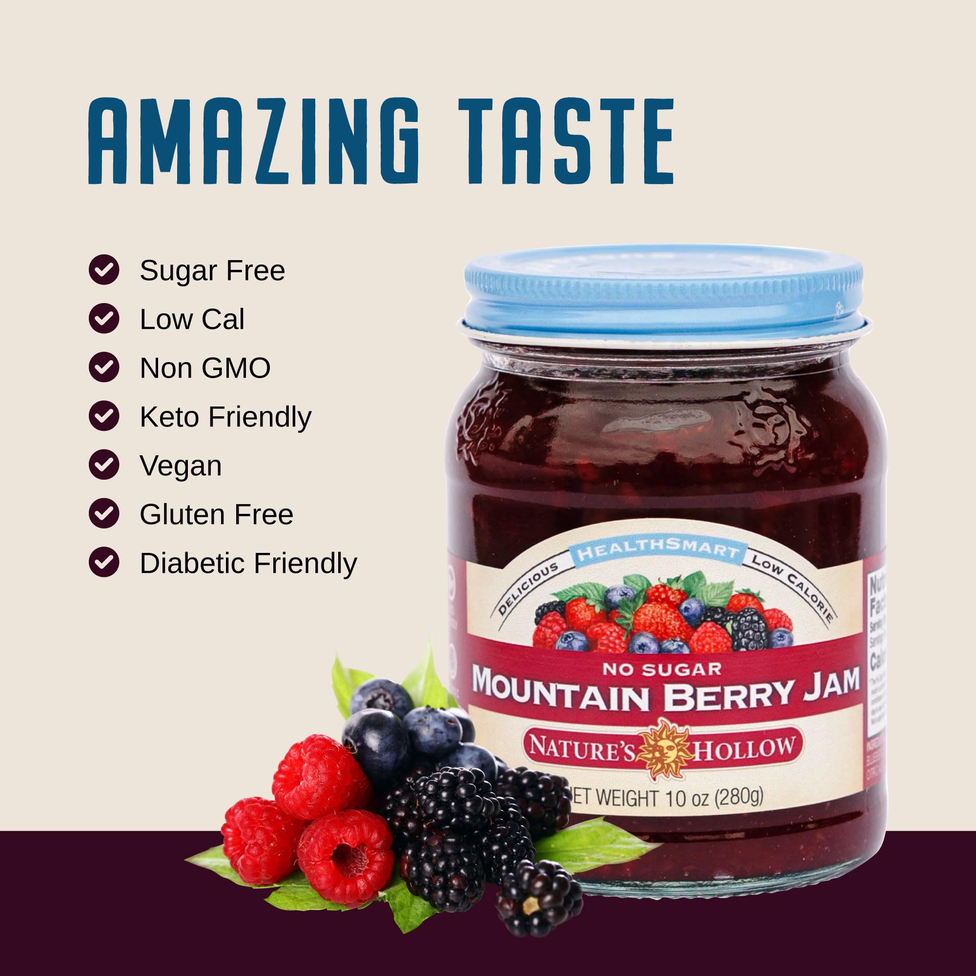 Ingredients label of Nature's Hollow Mountain Berry Jam, showcasing sugar-free, non-GMO.