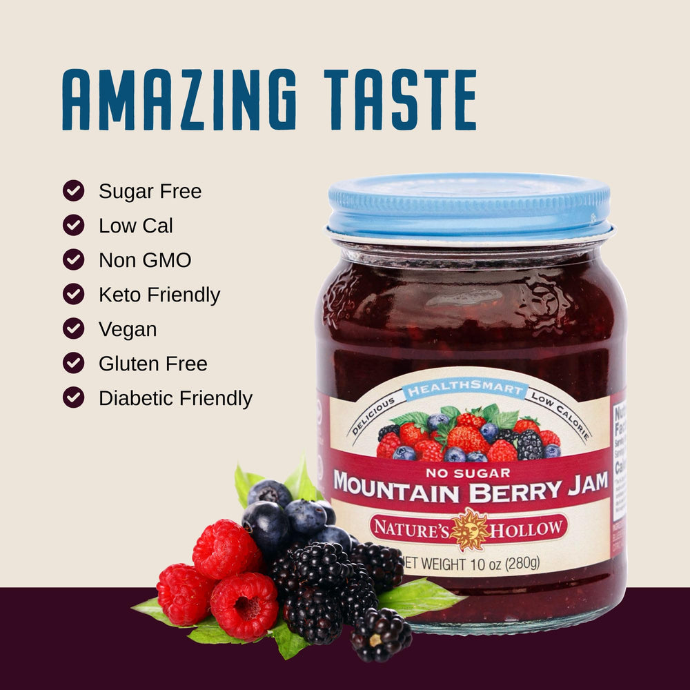 Ingredients label of Nature's Hollow Mountain Berry Jam, showcasing sugar-free, non-GMO.