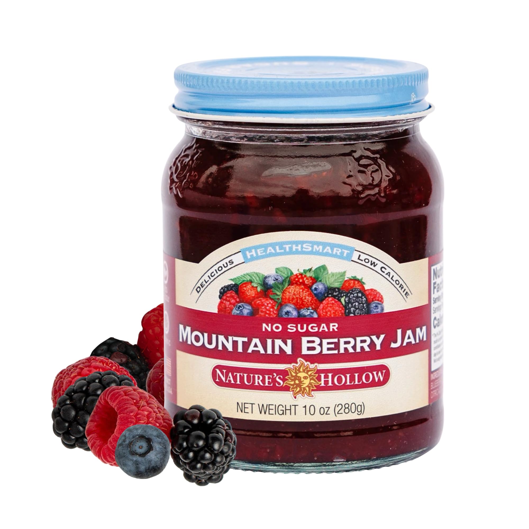 Nature's Hollow Mountain Berry Jam jar on shelf, sugar-free and keto-friendly.