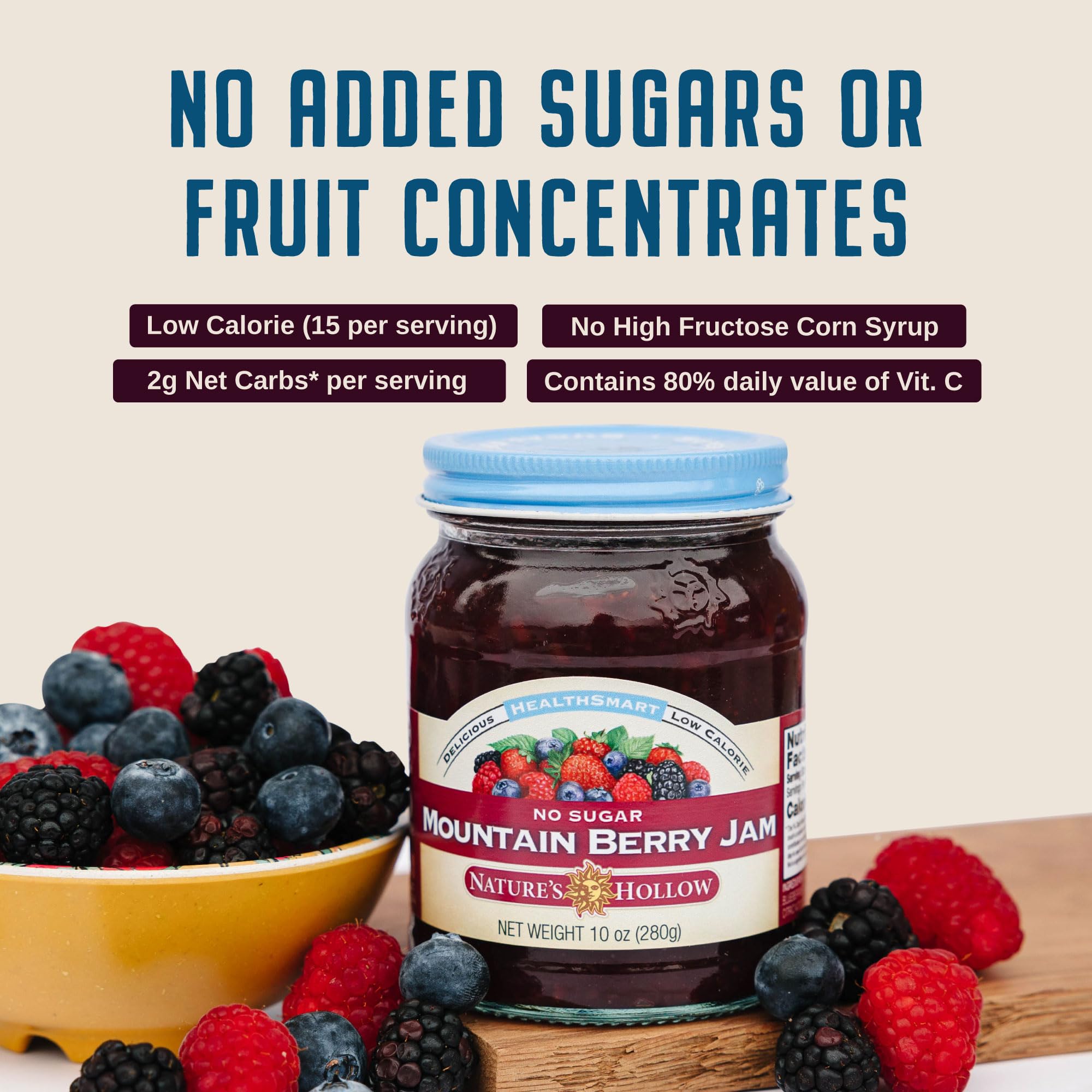 Nature's Hollow Mountain Berry Jam in a bright kitchen setting.