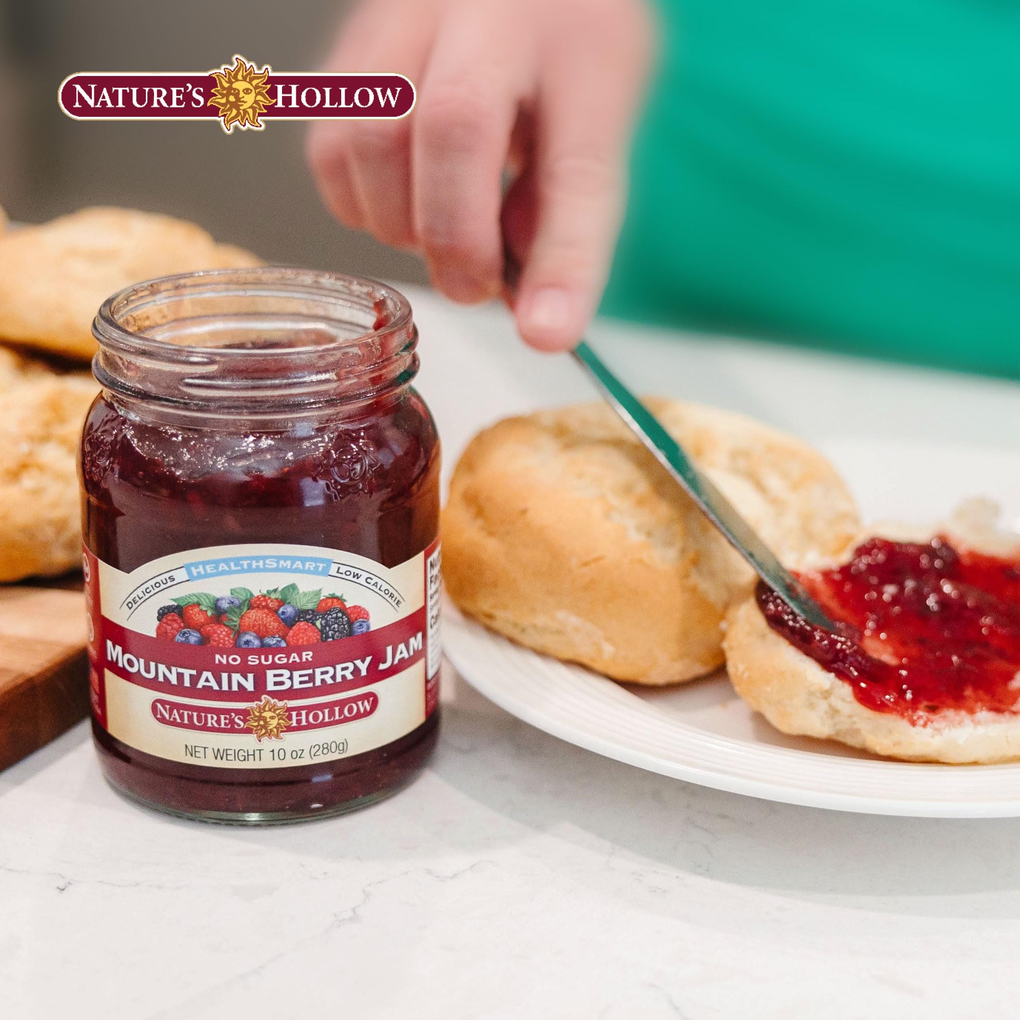 Nature's Hollow Mountain Berry Jam sugar-free label with keto-friendly icon.
