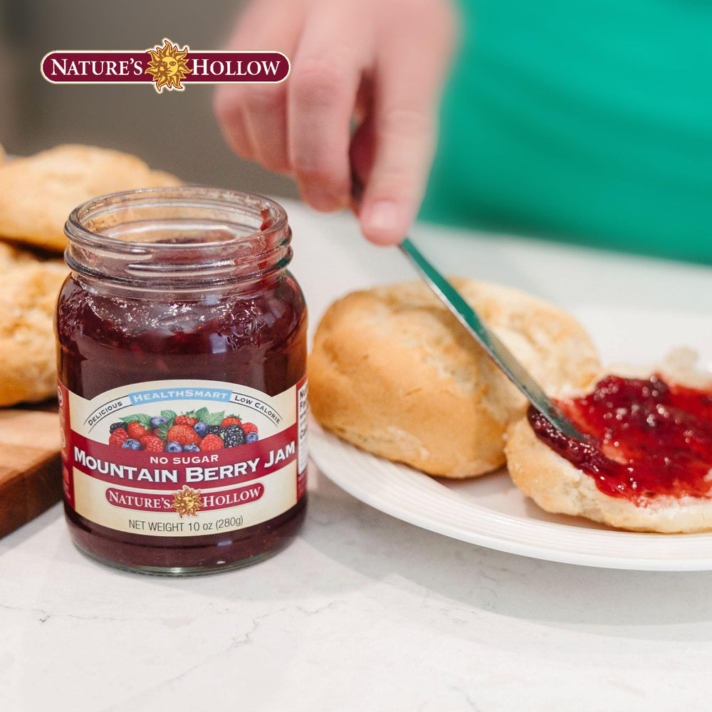 Nature's Hollow Mountain Berry Jam sugar-free label with keto-friendly icon.