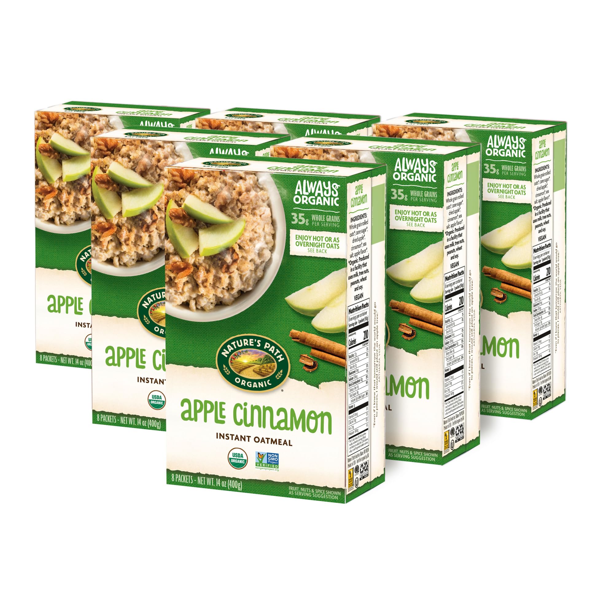 Nature's Path Apple Cinnamon Instant Oatmeal box side highlighting organic Non-GMO ingredients