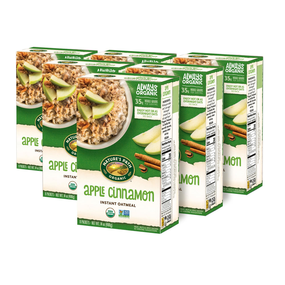 Nature's Path Apple Cinnamon Instant Oatmeal box side highlighting organic Non-GMO ingredients