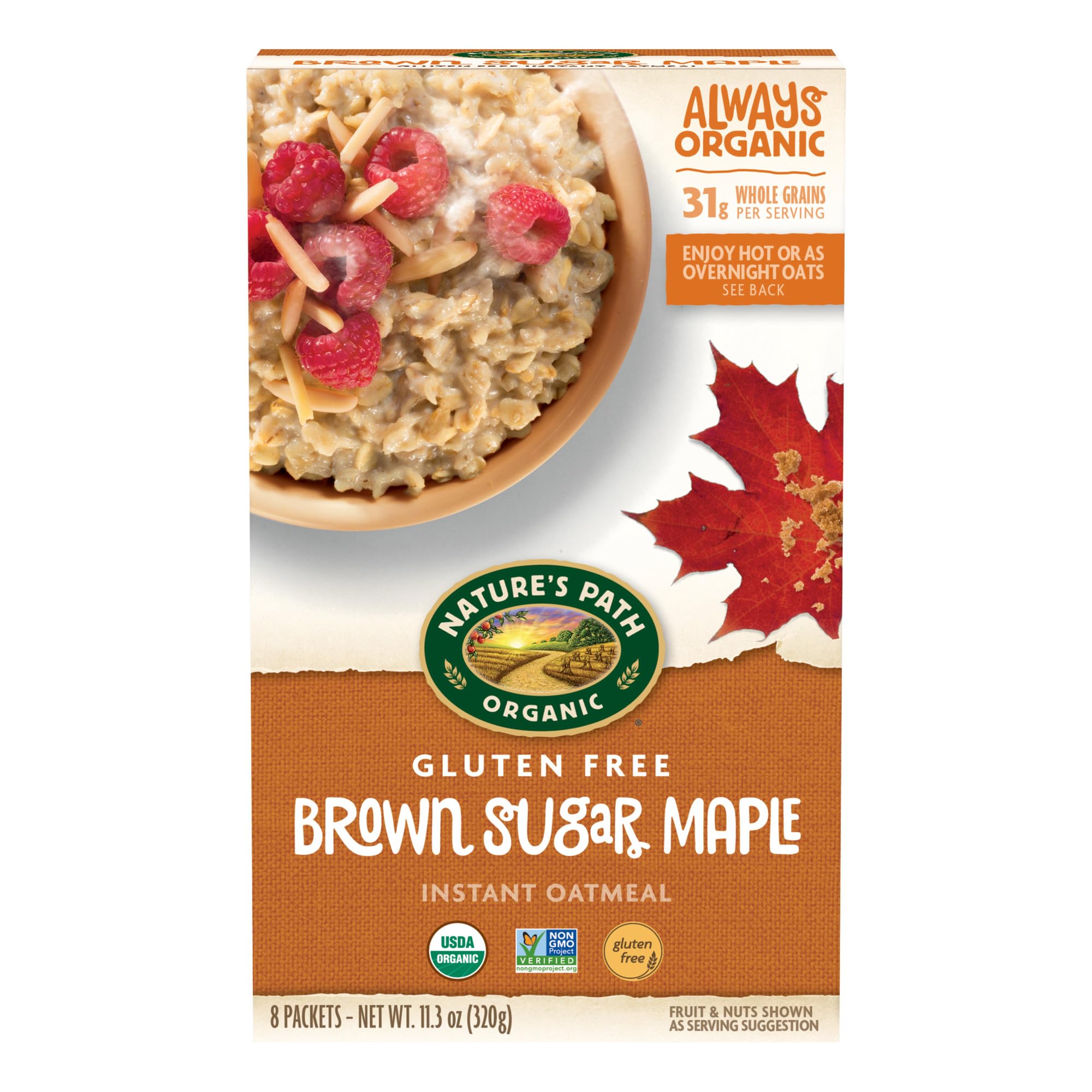 Nature's Path Brown Sugar Maple Instant Oatmeal box shows gluten-free, organic oats for a wholesome start.
