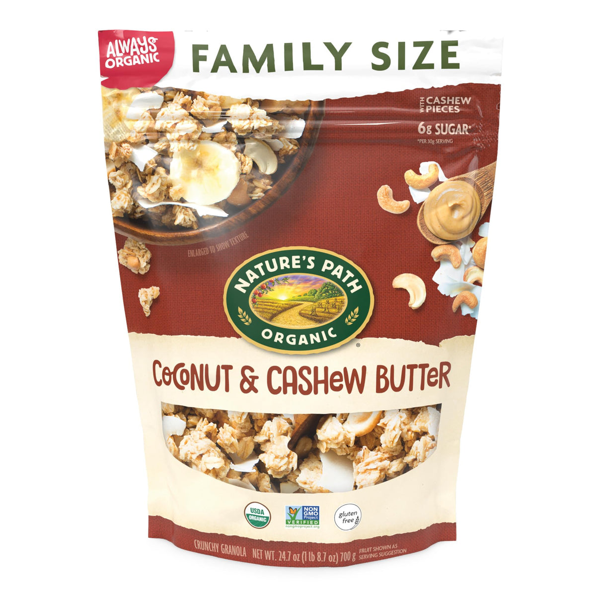 Nature's Path Coconut & Cashew Butter Granola clusters offer a crunchy breakfast start
