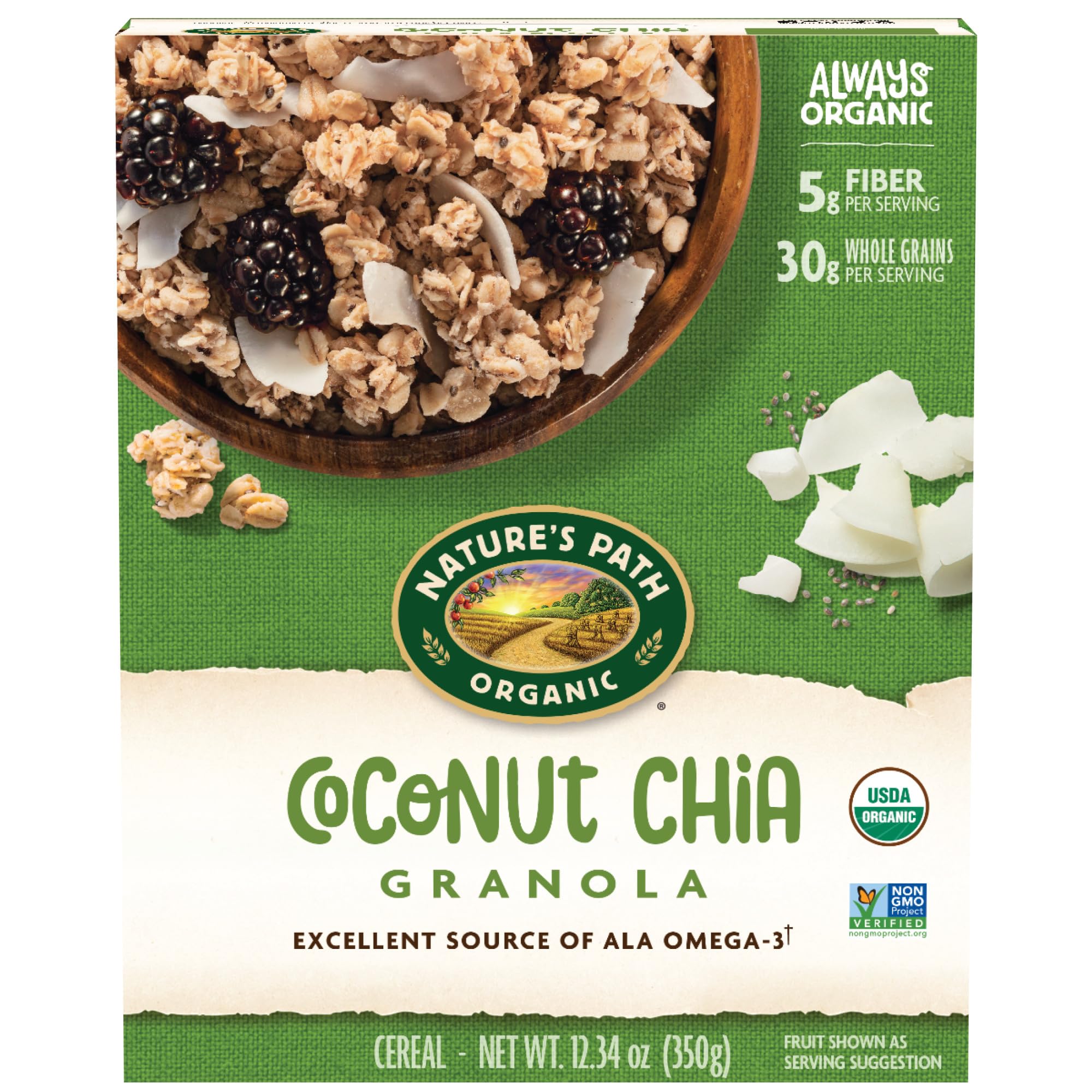 Nature's Path Coconut Chia Granola pack shot highlighting organic ingredients for a wholesome start