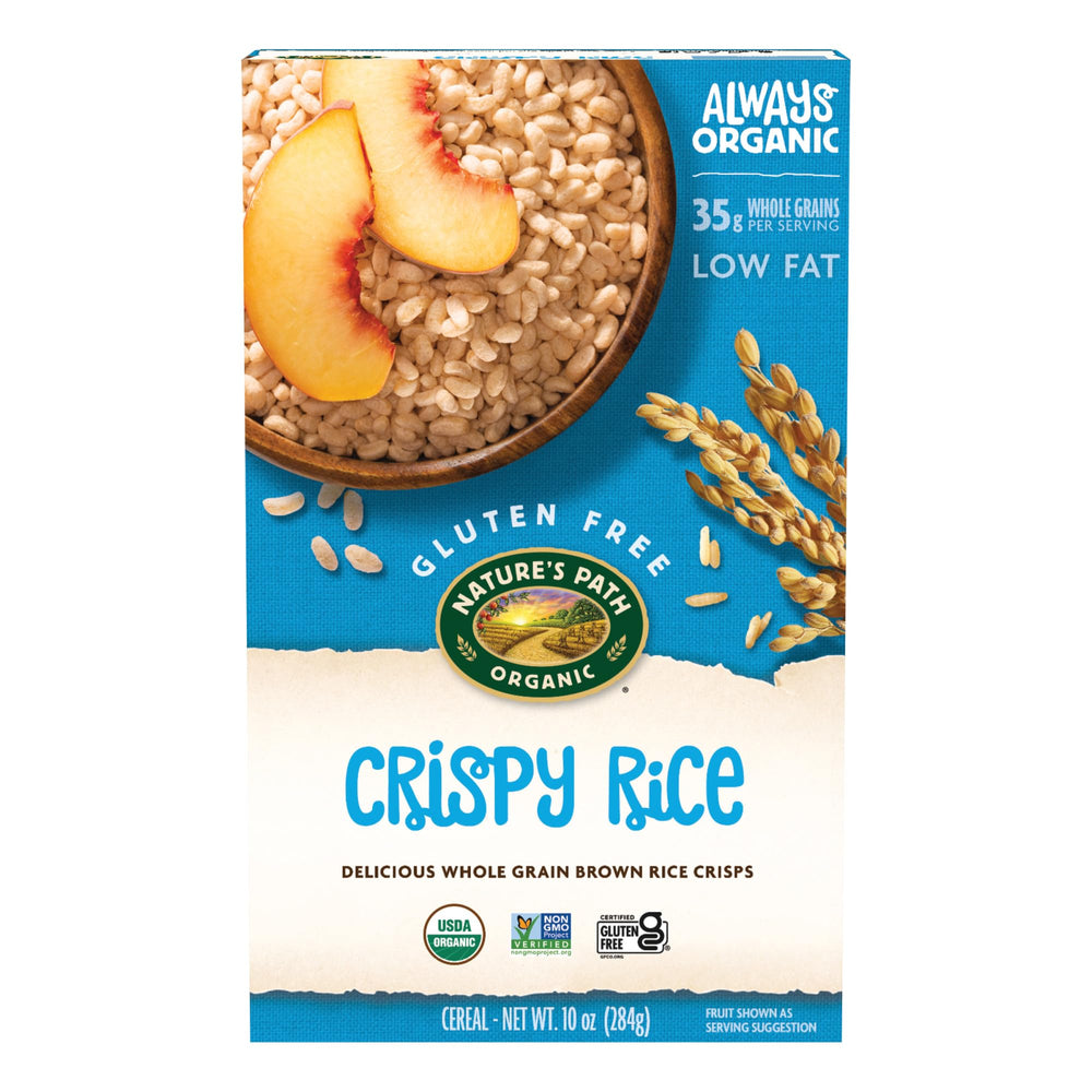 Nature's Path Crispy Rice Cereal box front, showcasing organic, gluten-free product benefits