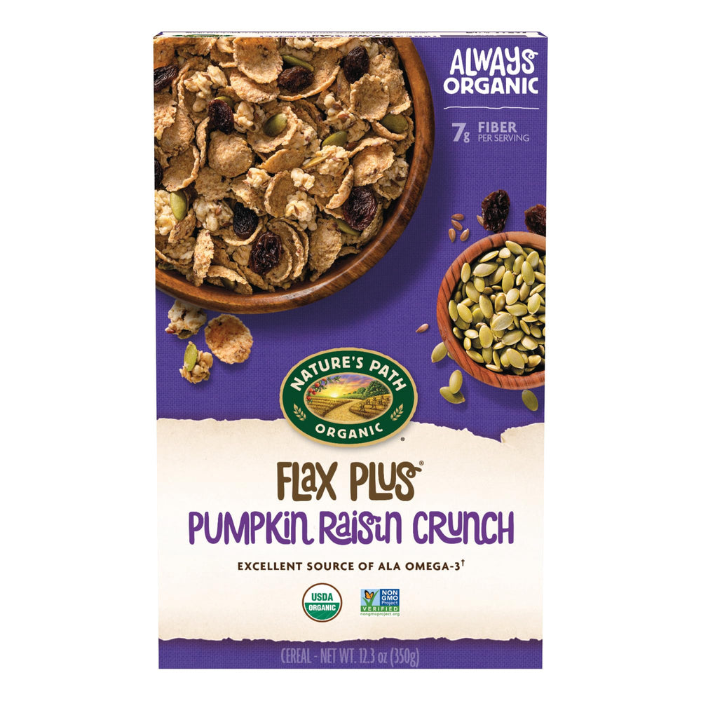 Nature's Path Flax Plus Pumpkin Raisin Crunch cereal box front highlighting organic ingredients for a wholesome breakfast.