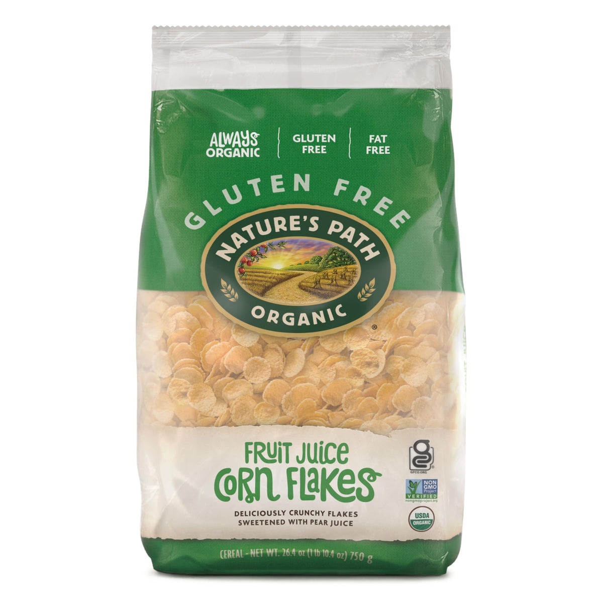Nature's Path Fruit Juice Corn Flakes box on kitchen table for a quick gluten-free breakfast