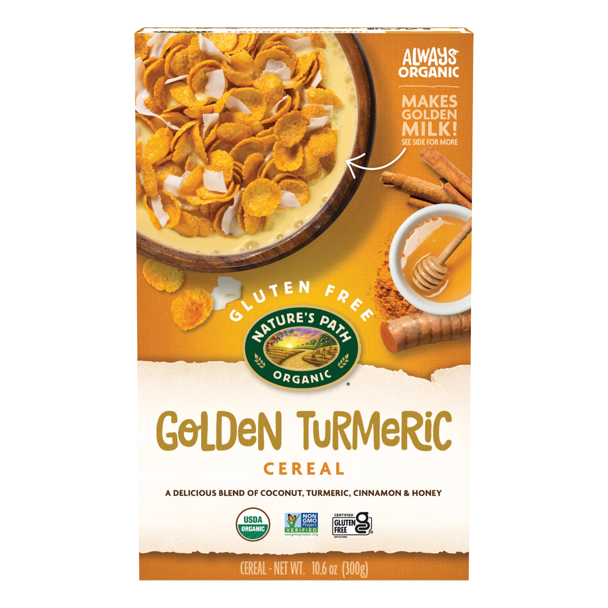 Nature's Path Golden Turmeric Cereal boxes show gluten-free, organic breakfast option