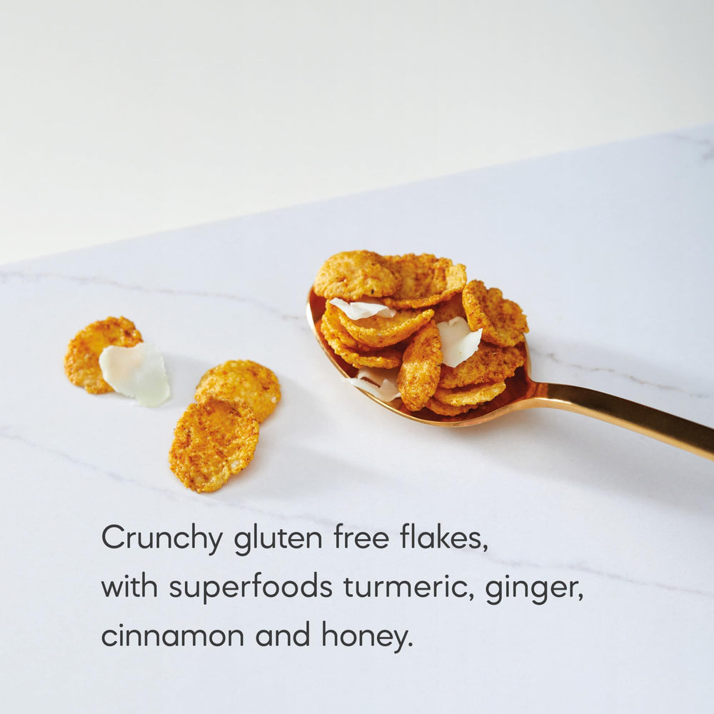 Cereal flakes in milk showcase crunchy texture and warm golden color