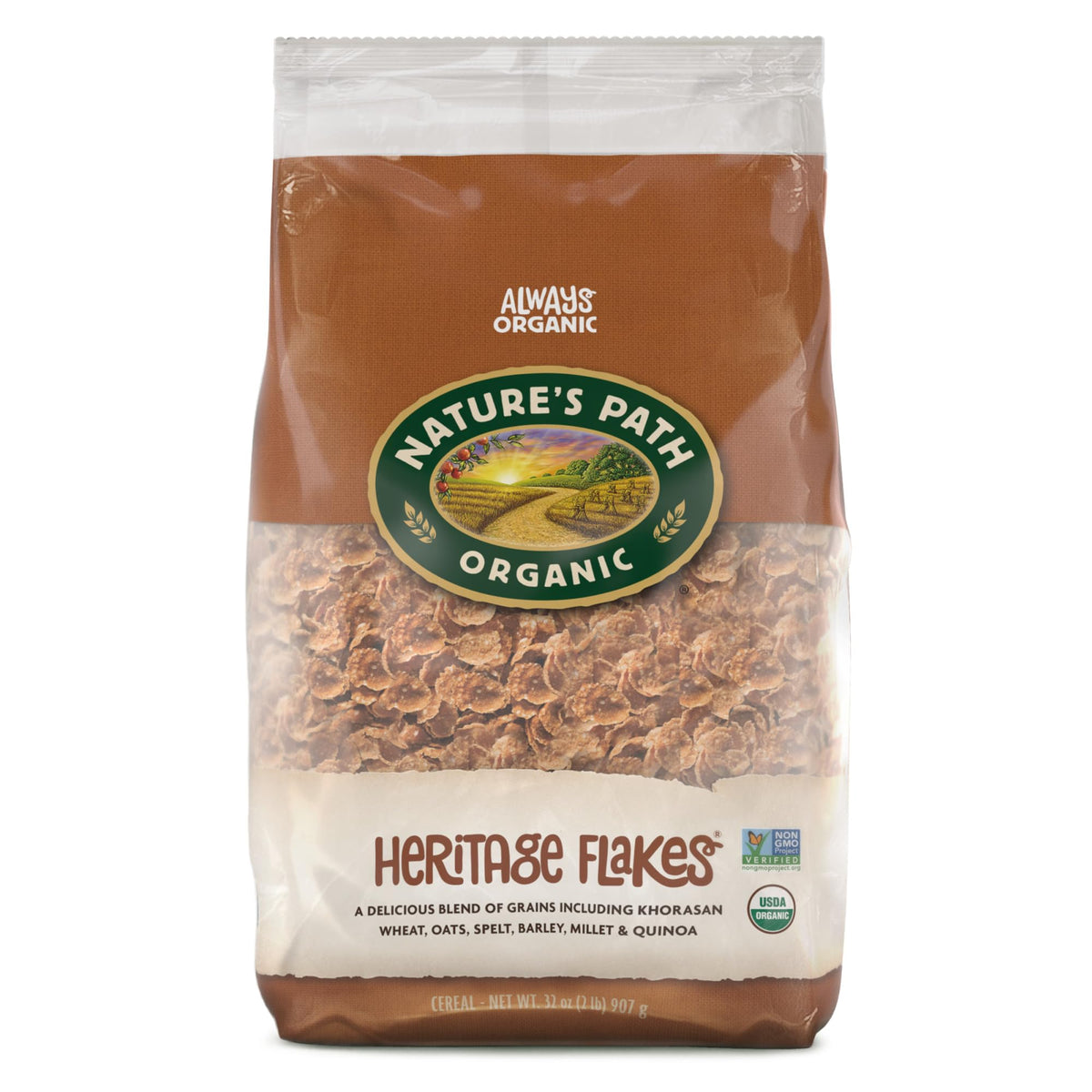 Nature's Path Heritage Flakes crisp bowl with whole grains for a hearty start.
