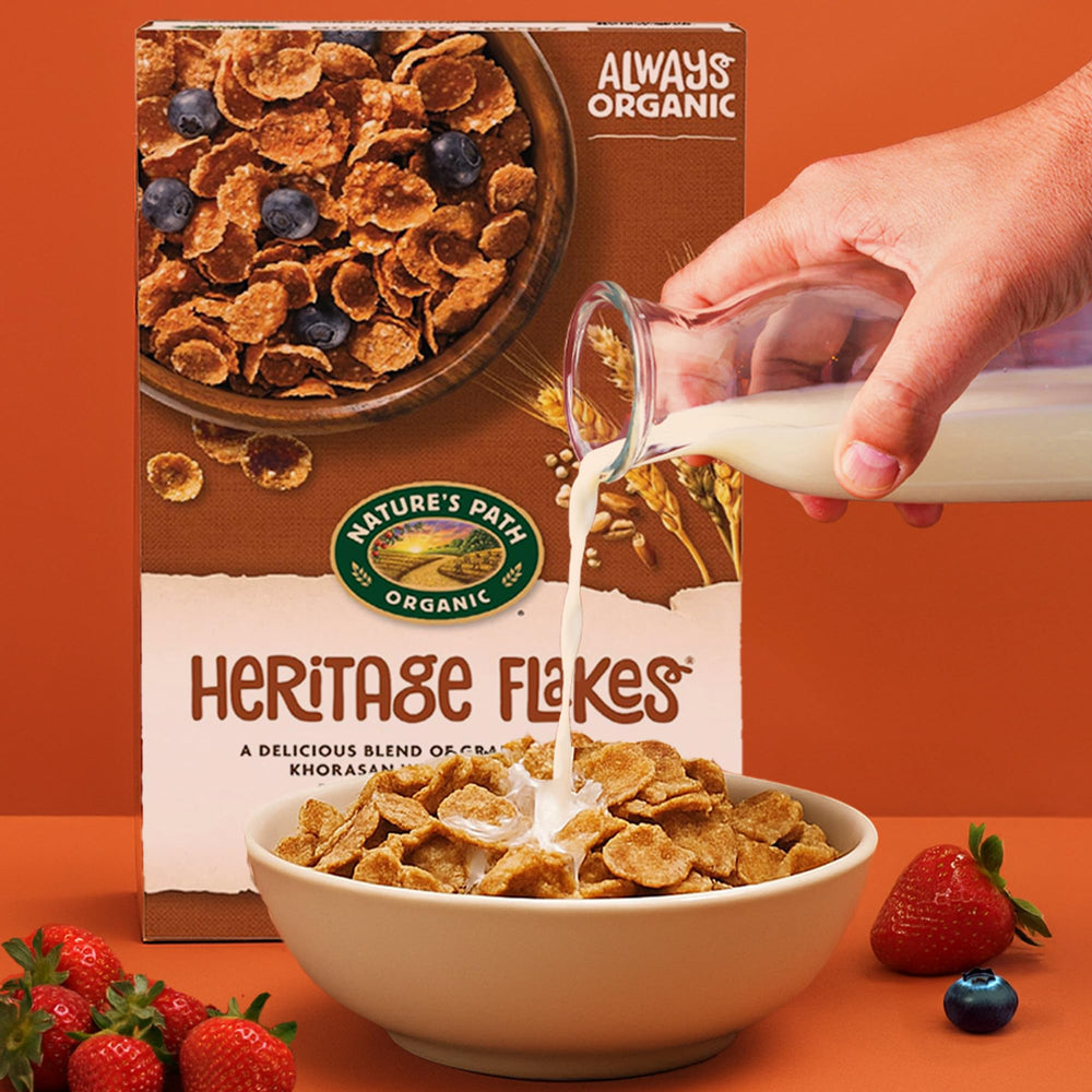 Nature's Path Heritage Flakes crunchy texture visible in a ready-to-eat bowl.