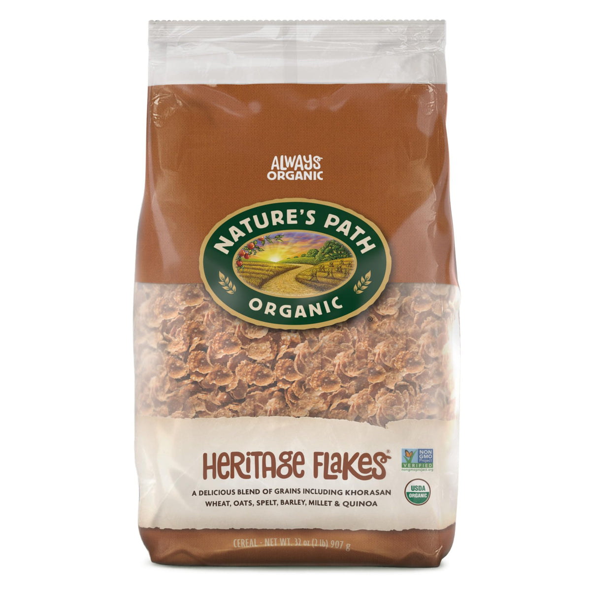 Nature's Path Heritage Flakes with Eco Pac packaging, convenient for busy mornings