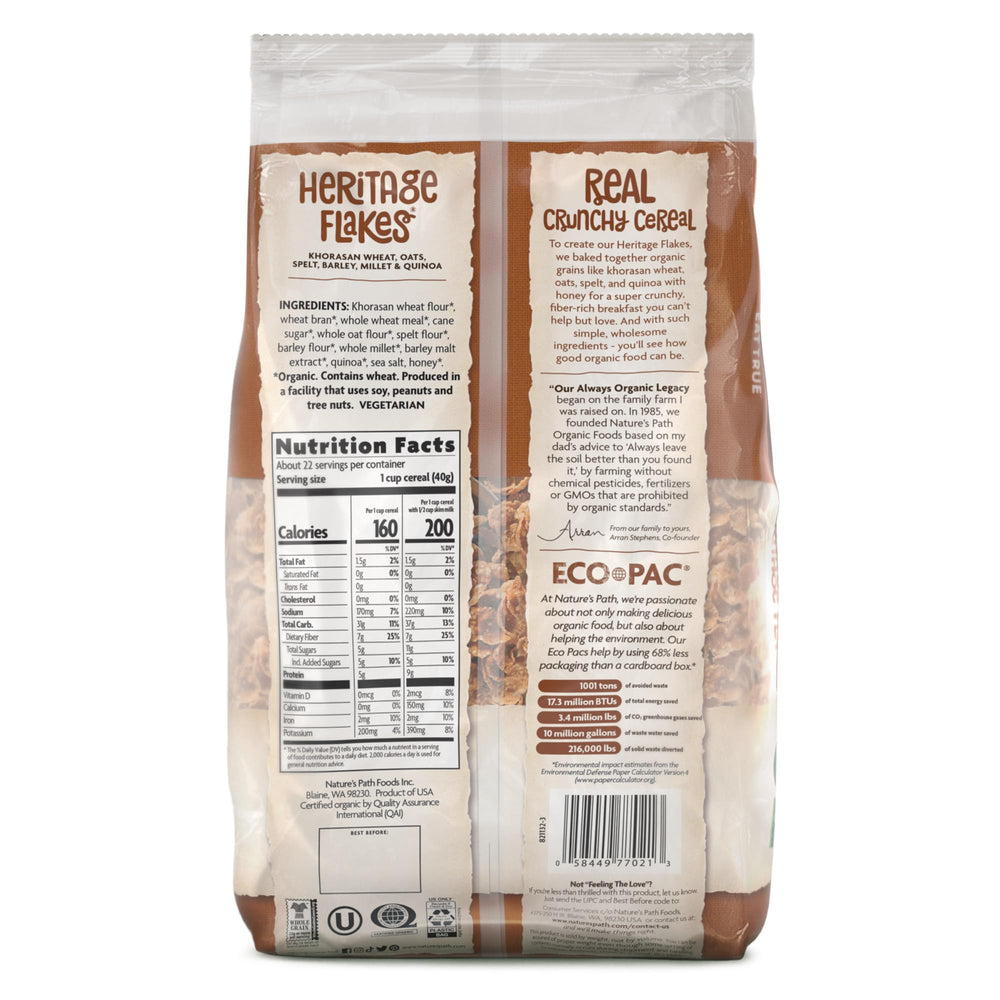 Nature's Path Heritage Flakes grain blend visual shows six ancient grains for a nutty bite.