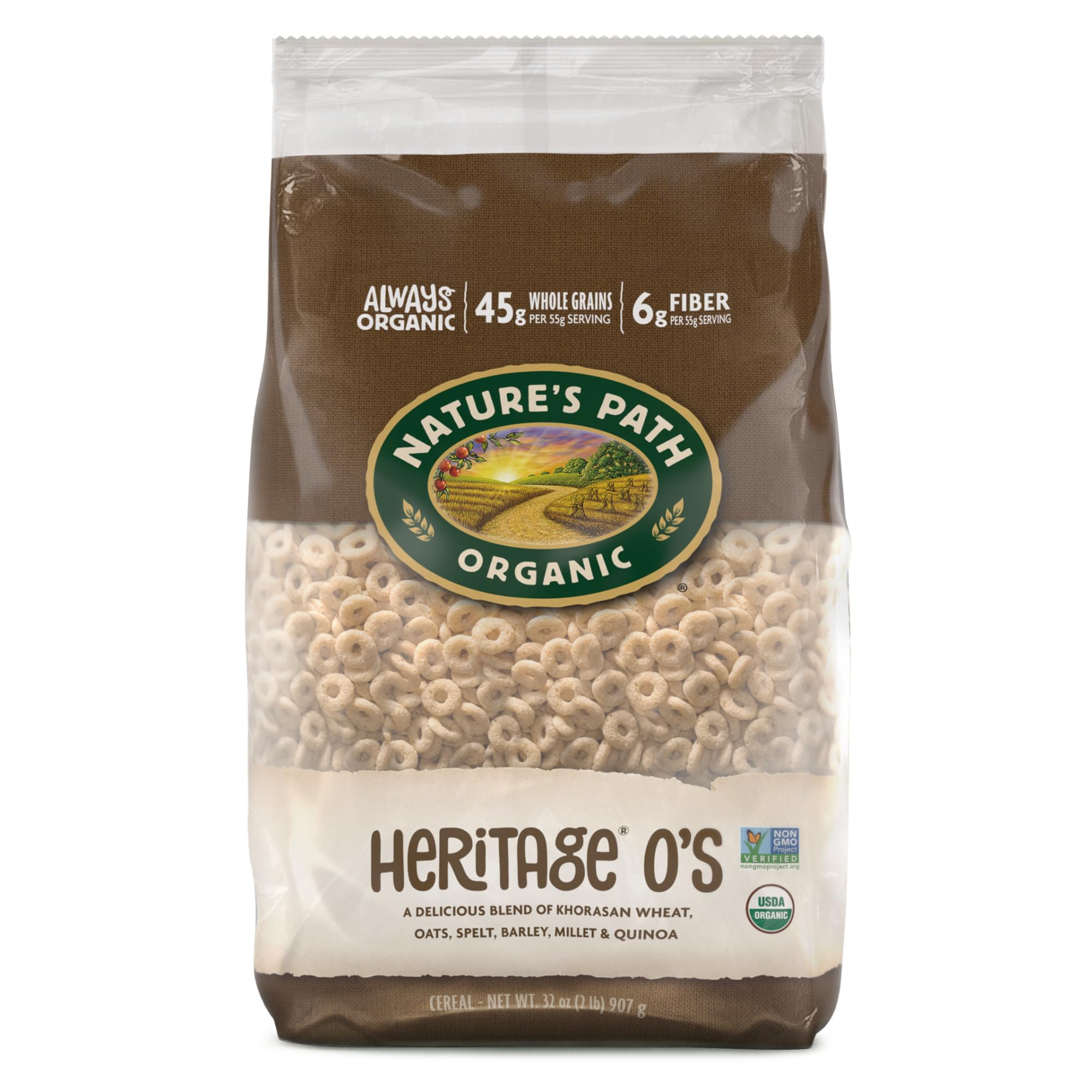 Nature's Path Heritage O's packaging in eco-friendly bag for organic breakfast